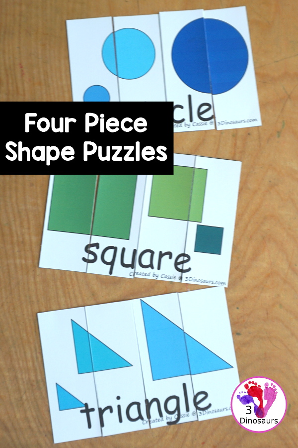 Free Shape Four Piece Puzzle Printables - with three shapes on each puzzle and the shape word. A great matching activity for shapes that is great for prek and kindergarten. - 3Dinosaurs.com