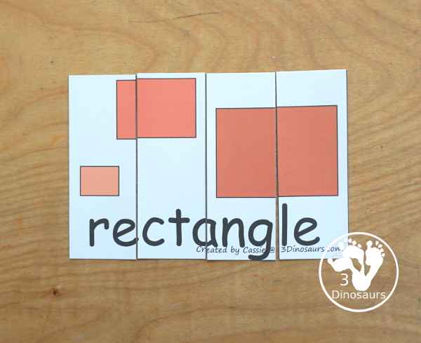 Free Shape Four Piece Puzzle Printables - with three shapes on each puzzle and the shape word. A great matching activities for shapes that is great for prek and kindergarten. - 3Dinosaurs.com