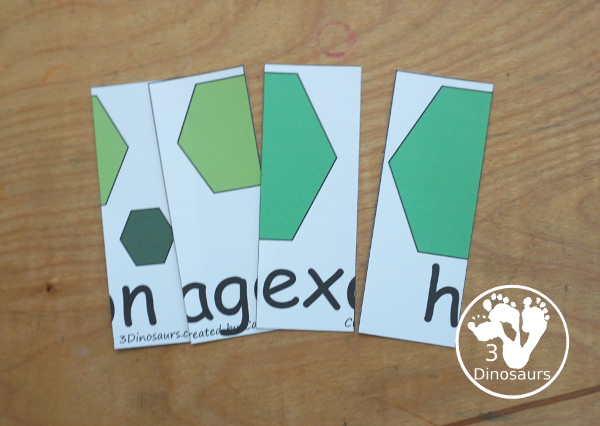 Free Shape Four Piece Puzzle Printables - with three shapes on each puzzle and the shape word. A great matching activities for shapes that is great for prek and kindergarten. - 3Dinosaurs.com