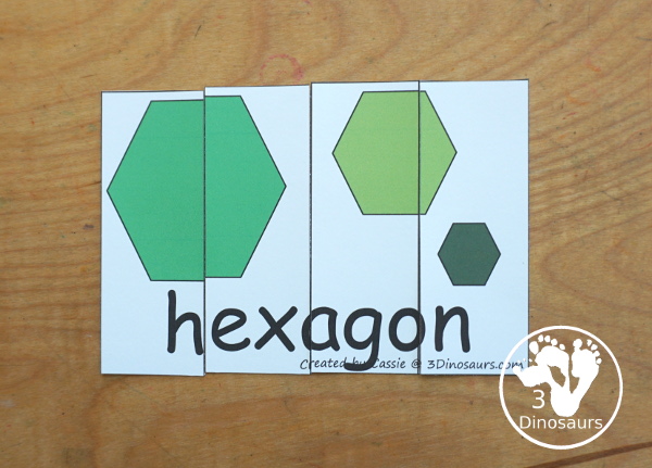 Free Shape Four Piece Puzzle Printables - with three shapes on each puzzle and the shape word. A great matching activities for shapes that is great for prek and kindergarten. - 3Dinosaurs.com