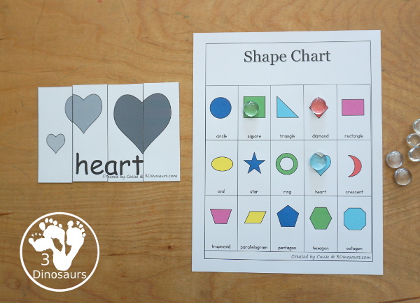 Free Shape Four Piece Puzzle Printables - with three shapes on each puzzle and the shape word. A great matching activities for shapes that is great for prek and kindergarten. - 3Dinosaurs.com