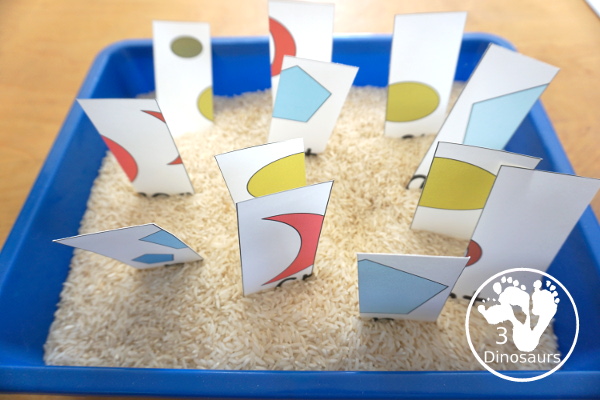 Free Shape Four Piece Puzzle Printables - with three shapes on each puzzle and the shape word. A great matching activities for shapes that is great for prek and kindergarten. - 3Dinosaurs.com