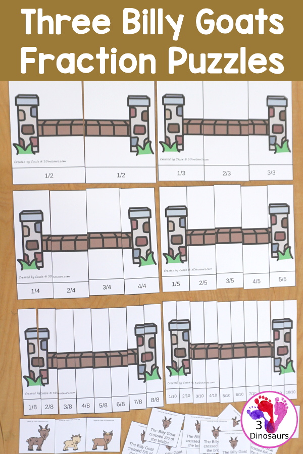 Free Three Billy Goats Fraction Bridge Puzzles & Building Cards - You have fraction puzzles for 2, 3, 4, 5, 6, 8, and 10. You have building cards to use with the puzzles and puzzle building mat. A fun activity to make fractions and compare fractions. And a fun activity to compare how far the Billy goats go across the bridge- 3Dinosaurs.com - 3Dinosaurs.com