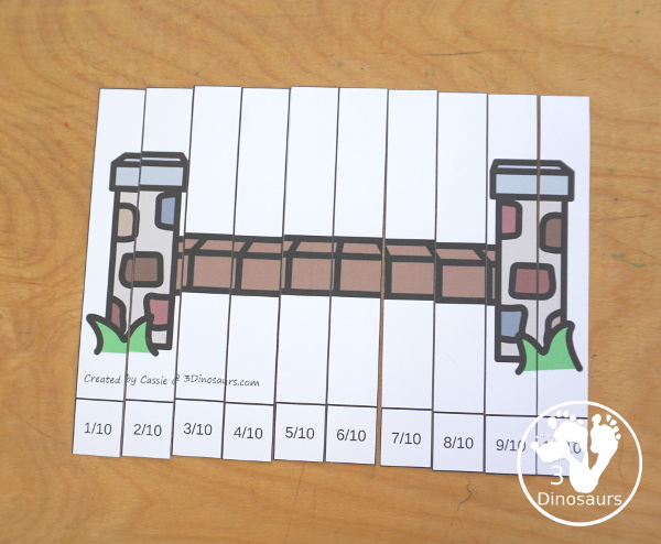 Free Three Billy Goats Fraction Bridge Puzzles & Building Cards - You have fraction puzzles for 2, 3, 4, 5, 6, 8, and 10. You have building cards to use with the puzzles and puzzle building mat. A fun activity to make fractions and compare fractions. And a fun activity to compare how far the Billy goats go across the bridge- 3Dinosaurs.com - 3Dinosaurs.com