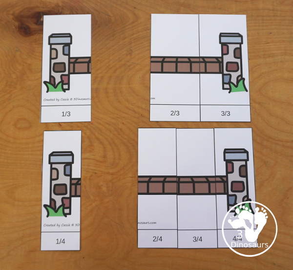 Free Three Billy Goats Fraction Bridge Puzzles & Building Cards - You have fraction puzzles for 2, 3, 4, 5, 6, 8, and 10. You have building cards to use with the puzzles and puzzle building mat. A fun activity to make fractions and compare fractions. And a fun activity to compare how far the Billy goats go across the bridge- 3Dinosaurs.com - 3Dinosaurs.com