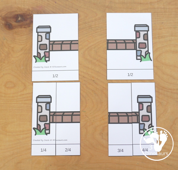 Free Three Billy Goats Fraction Bridge Puzzles & Building Cards - You have fraction puzzles for 2, 3, 4, 5, 6, 8, and 10. You have building cards to use with the puzzles and puzzle building mat. A fun activity to make fractions and compare fractions. And a fun activity to compare how far the Billy goats go across the bridge- 3Dinosaurs.com - 3Dinosaurs.com