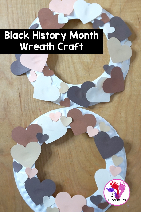 Black History Month Heart Wreath Craft - a simple wreath made with hearts of different shades of skin color for Black history month or Martin Luther King Jr Day. An easy craft to do with kids. - 3Dinosaurs.com