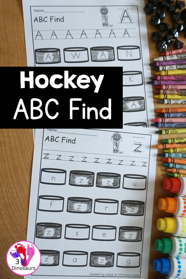 Hockey ABC Letter Find Printable - a fun letter find with uppercase and lowercase letters with tracing the letters and then finding the letters. You have letters on the hockey picks. You have uppercase only and lowercase only for all 26 letters of the alphabet. - 3Dinosaurs.com