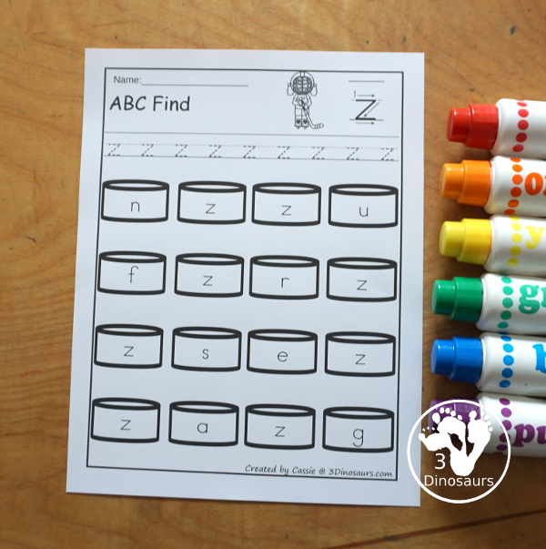 Hockey ABC Letter Find Printable - a fun letter find with uppercase and lowercase letters with tracing the letters and then finding the letters. You have letters on the hockey picks. You have uppercase only and lowercase only for all 26 letters of the alphabet. - 3Dinosaurs.com
