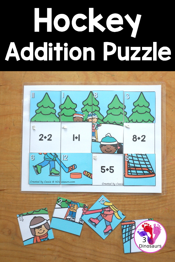 Free Hockey Addition Puzzle Printable - a fun 12 piece puzzle with addition from 1 to 12 on the puzzle mat with matching puzzle pieces. A fun winter sports theme for an addition center. - 3Dinosaurs.com