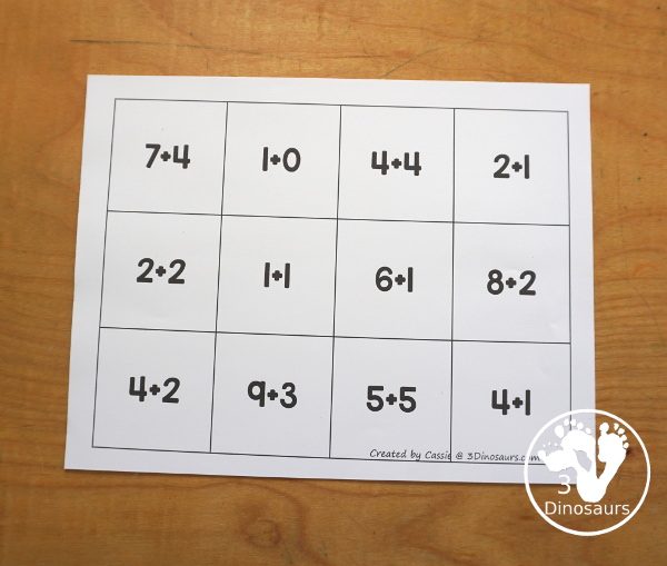 Free Hockey Addition Puzzle Printable - a fun 12 piece puzzle with addition from 1 to 12 on the puzzle mat with matching puzzle pieces. A fun winter sports theme for an addition center. - 3Dinosaurs.com