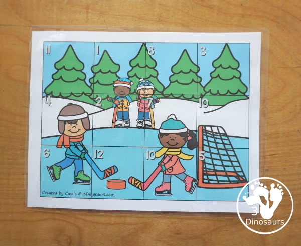 Free Hockey Addition Puzzle Printable - a fun 12 piece puzzle with addition from 1 to 12 on the puzzle mat with matching puzzle pieces. A fun winter sports theme for an addition center. - 3Dinosaurs.com