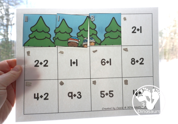 Free Hockey Addition Puzzle Printable - a fun 12 piece puzzle with addition from 1 to 12 on the puzzle mat with matching puzzle pieces. A fun winter sports theme for an addition center. - 3Dinosaurs.com