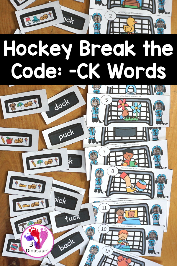Free Hockey CVCC -CK Break the Code Printable - a fun printable that works on CVCC words that have and ending digraph of -ck. They have decode the words, match the words, and picture of the words for a three way matching activity. All with a fun hockey theme for kids to work on these fun words - 3Dinosaurs.com