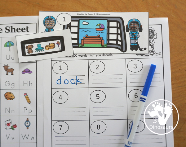 Free Hockey CVCC -CK Break the Code Printable - a fun printable that works on CVCC words that have and ending digraph of -ck. They have decode the words, match the words, and picture of the words for a three way matching activity. All with a fun hockey theme for kids to work on these fun words - 3Dinosaurs.com