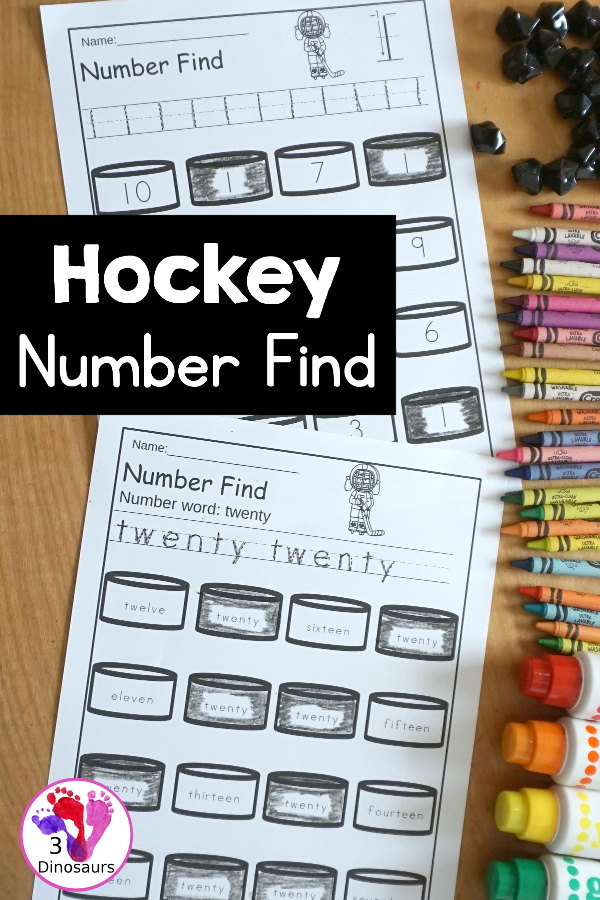 Hockey Number Find Printable - a fun number find printable with numbers from 0 to 20. It has number word and numerical number find. Easy no-prep printable for numbers with a hockey theme.  3Dinosaurs.com