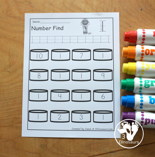 Hockey Number Find Printable - a fun number find printable with numbers from 0 to 20. It has number word and numerical number find. Easy no-prep printable for numbers with a hockey theme.  3Dinosaurs.com