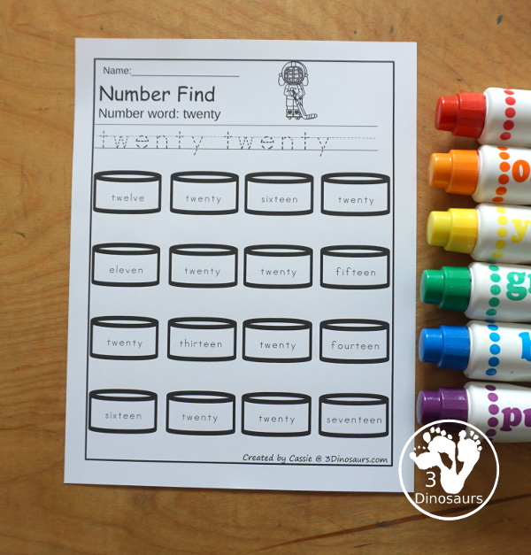Hockey Number Find Printable - a fun number find printable with numbers from 0 to 20. It has number word and numerical number find. Easy no-prep printable for numbers with a hockey theme.  3Dinosaurs.com