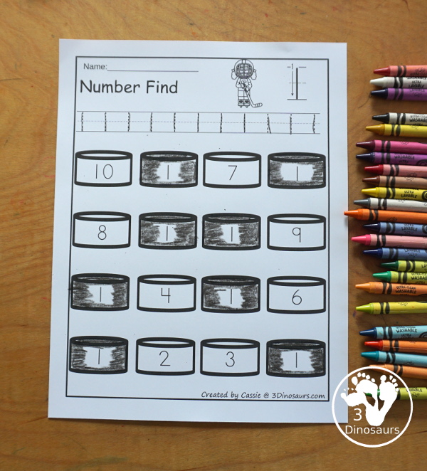 Hockey Number Find Printable - a fun number find printable with numbers from 0 to 20. It has number word and numerical number find. Easy no-prep printable for numbers with a hockey theme. 3Dinosaurs.com
