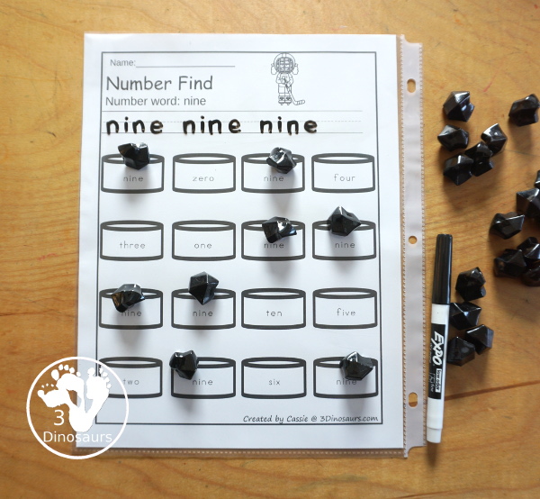 Hockey Number Find Printable - a fun number find printable with numbers from 0 to 20. It has number word and numerical number find. Easy no-prep printable for numbers with a hockey theme.  3Dinosaurs.com