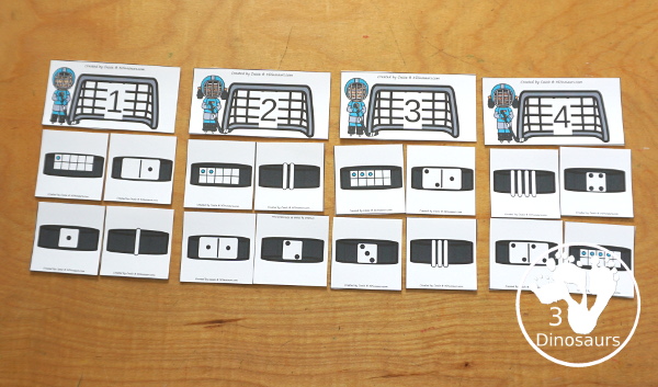 Free Hockey Number Sense from 1 to 10 with matching several different number types to the numerical number, including goals, hockey pucks with tally marks, dominos, ten frames, and dice for the numbers - 3Dinosaurs.com