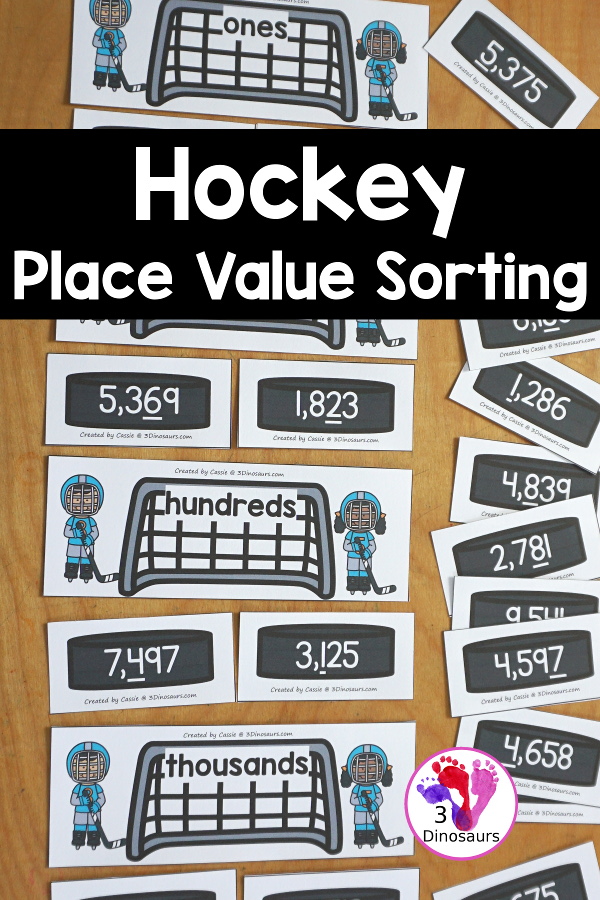Free Hockey Place Value Sorting Printable - sorting numbers with ones, tens, hundreds and thousands. A fun way to work on the place value of a number and sort them. A fun hands-on place value printable for winter or winter sports. 3Dinosaurs.com