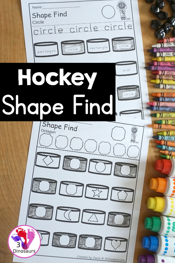 Hockey Shape Find Printable - has 11 shapes for you work on with kids. You have tracing the shape and finding the shape for shape words and geometric shapes. - 3Dinosaurs.com