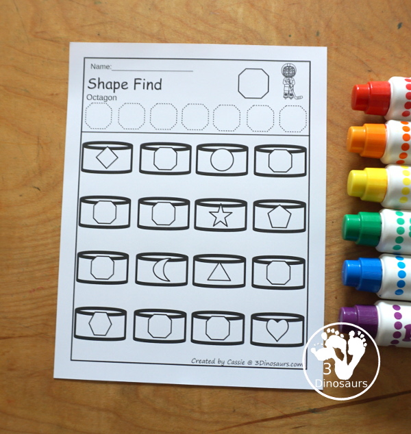 Hockey Shape Find Printable - has 11 shapes for you work on with kids. You have tracing the shape and finding the shape for shape words and geometric shapes. - 3Dinosaurs.com