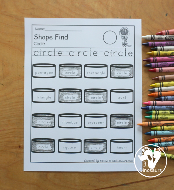 Hockey Shape Find Printable - has 11 shapes for you work on with kids. You have tracing the shape and finding the shape for shape words and geometric shapes. - 3Dinosaurs.com