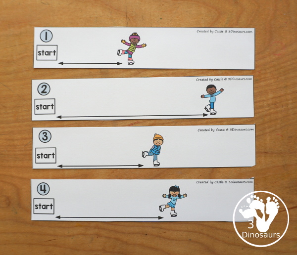 Free Measure Distance the Skating Printable - a fun way to work on measuring with measuring how far kids have skated. A fun change for a winter sports theme for kids. - 3Dinosaurs.com