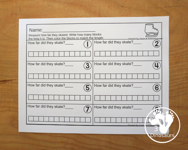 Free Measure Distance the Skating Printable - a fun way to work on measuring with measuring how far kids have skated. A fun change for a winter sports theme for kids. - 3Dinosaurs.com