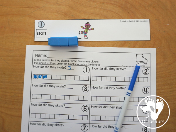 Free Measure Distance the Skating Printable - a fun way to work on measuring with measuring how far kids have skated. A fun change for a winter sports theme for kids. - 3Dinosaurs.com