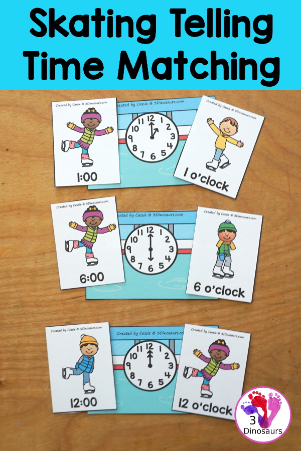 Free Skating Telling Time Matching Printable - a fun three way matching telling time activity for hourly times for kids. Easy to set up and use for an hourly time learning center - 3Dinosaurs.com