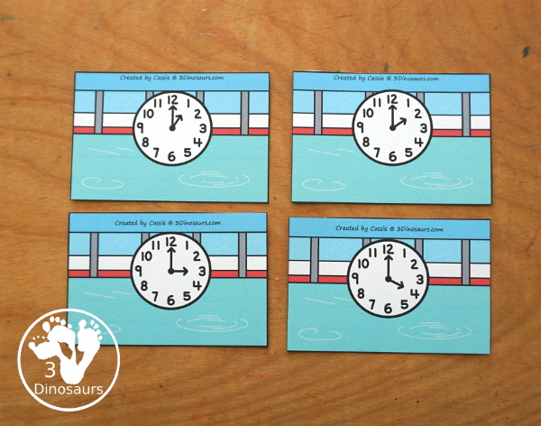 Free Skating Telling Time Matching Printable - a fun three way matching telling time activity for hourly times for kids. Easy to set up and use for an hourly time learning center - 3Dinosaurs.com