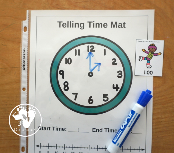Free Skating Telling Time Matching Printable - a fun three way matching telling time activity for hourly times for kids. Easy to set up and use for an hourly time learning center - 3Dinosaurs.com