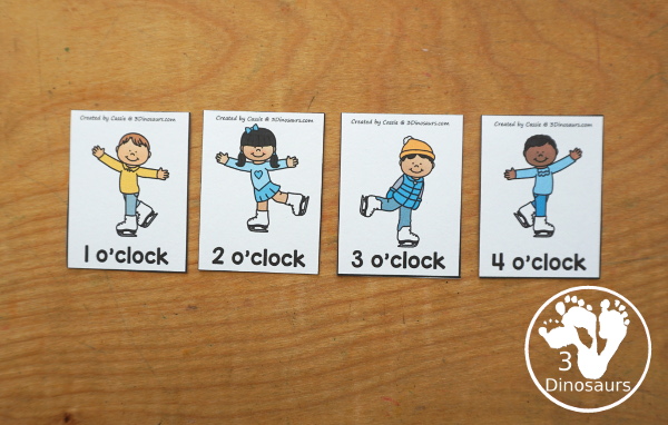 Free Skating Telling Time Matching Printable - a fun three way matching telling time activity for hourly times for kids. Easy to set up and use for an hourly time learning center - 3Dinosaurs.com