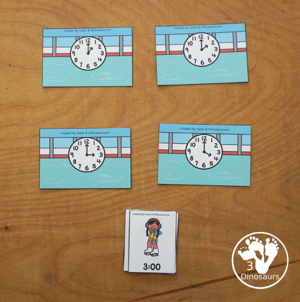 Free Skating Telling Time Matching Printable - a fun three way matching telling time activity for hourly times for kids. Easy to set up and use for an hourly time learning center - 3Dinosaurs.com