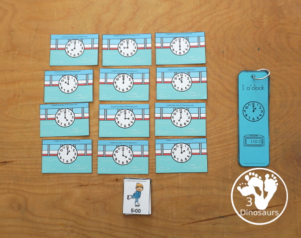 Free Skating Telling Time Matching Printable - a fun three way matching telling time activity for hourly times for kids. Easy to set up and use for an hourly time learning center - 3Dinosaurs.com