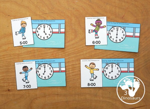 Free Skating Telling Time Matching Printable - a fun three way matching telling time activity for hourly times for kids. Easy to set up and use for an hourly time learning center - 3Dinosaurs.com