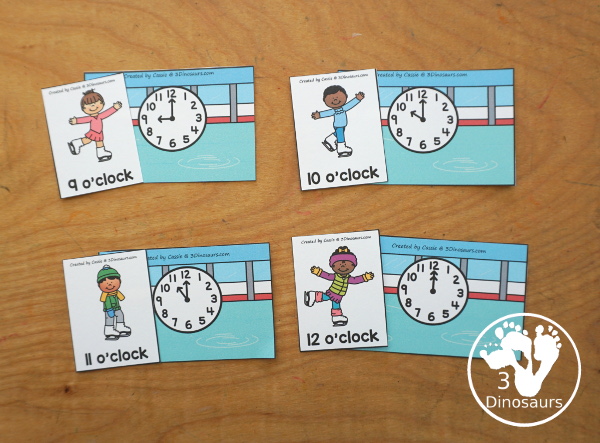 Free Skating Telling Time Matching Printable - a fun three way matching telling time activity for hourly times for kids. Easy to set up and use for an hourly time learning center - 3Dinosaurs.com