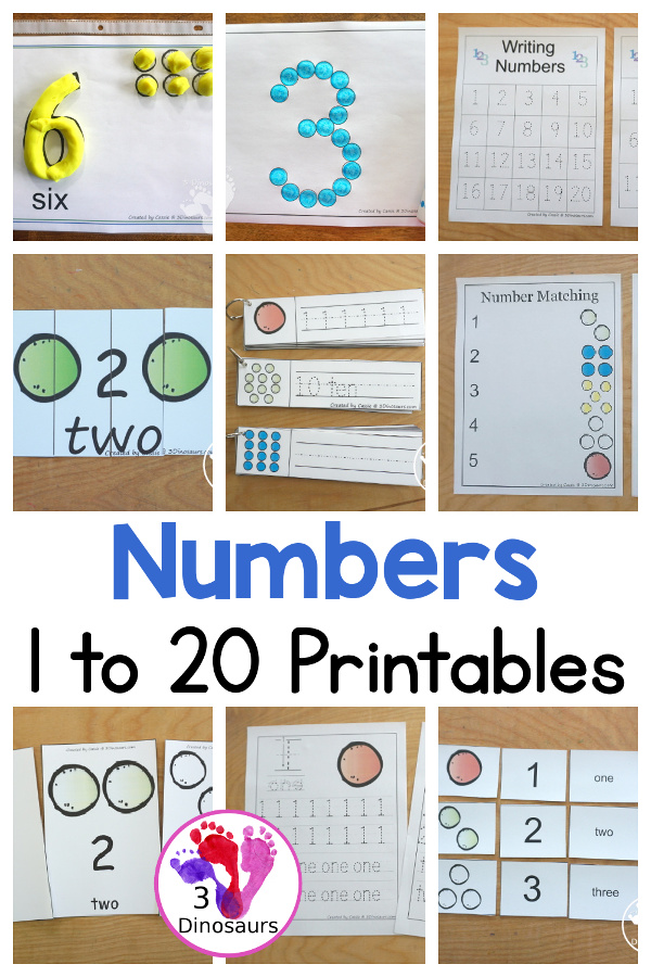 Free 1 to 20 Number Printables with a Gumball Theme - with number writing, number tracing, number matching puzzles, number wall cards, number pocket chart cards, number dot marker and more -3Dinosaurs.com