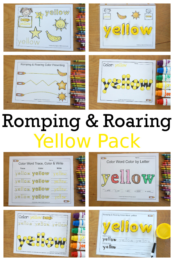 Free Romping & Roaring Color Yellow Word Pack - 8 pages of activities for kids. You have coloring, tracing, playdough mats, dot marker words and more all with color yellow activities.  3Dinosaurs.com