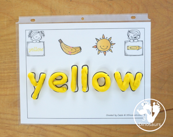 Free Romping & Roaring Color Yellow Word Pack - 8 pages of activities for kids. You have coloring, tracing, playdough mats, dot marker words and more all with color yellow activities.  3Dinosaurs.com
