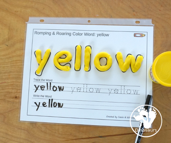 Free Romping & Roaring Color Yellow Word Pack - 8 pages of activities for kids. You have coloring, tracing, playdough mats, dot marker words and more all with color yellow activities.  3Dinosaurs.com