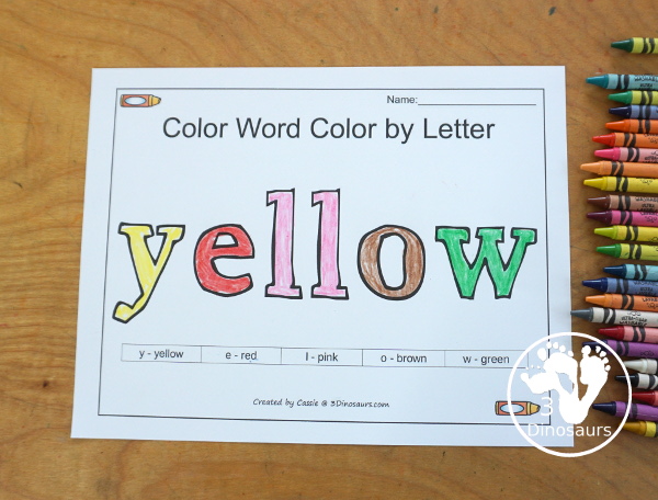 Free Romping & Roaring Color Yellow Word Pack - 8 pages of activities for kids. You have coloring, tracing, playdough mats, dot marker words and more all with color yellow activities.  3Dinosaurs.com