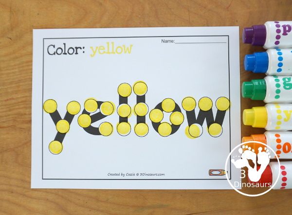 Free Romping & Roaring Color Yellow Word Pack - 8 pages of activities for kids. You have coloring, tracing, playdough mats, dot marker words and more all with color yellow activities.  3Dinosaurs.com