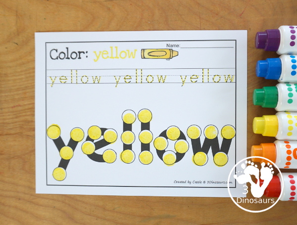Free Romping & Roaring Color Yellow Word Pack - 8 pages of activities for kids. You have coloring, tracing, playdough mats, dot marker words and more all with color yellow activities.  3Dinosaurs.com
