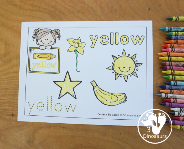 Free Romping & Roaring Color Yellow Word Pack - 8 pages of activities for kids. You have coloring, tracing, playdough mats, dot marker words and more all with color yellow activities.  3Dinosaurs.com