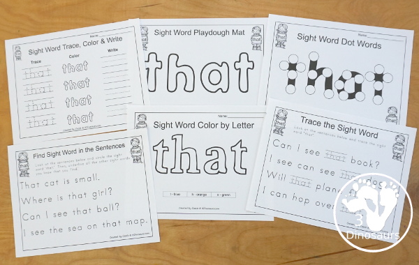 Free Romping & Roaring Primer Sight Words: That - you have 6 pages for each sight word that work on learning the sight word in different ways with reading, writing, and finding. 3Dinosaurs.com