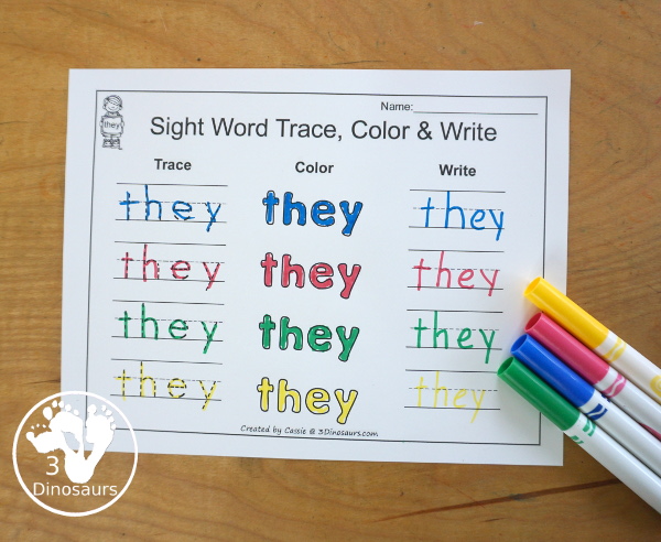 Free Romping & Roaring Primer Sight Words: That, There, They, This - you have 6 pages for each sight word that work on learning the sight word in different ways with reading, writing, and finding. 3Dinosaurs.com